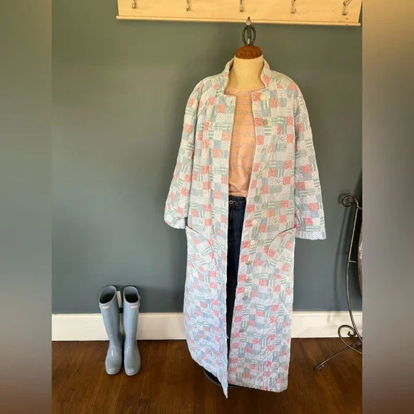 Vintage handmade patchwork Quilted duster Maxi swing coat Jacket sz S-L - Picture 5 of 16